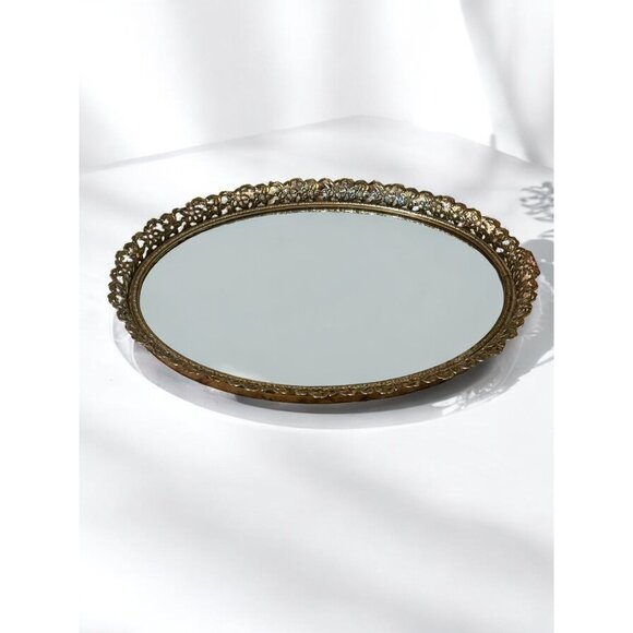 Vintage Ornate Brass & Glass Oval Vanity Tray or Wall Mirror - Picture 5 of 9